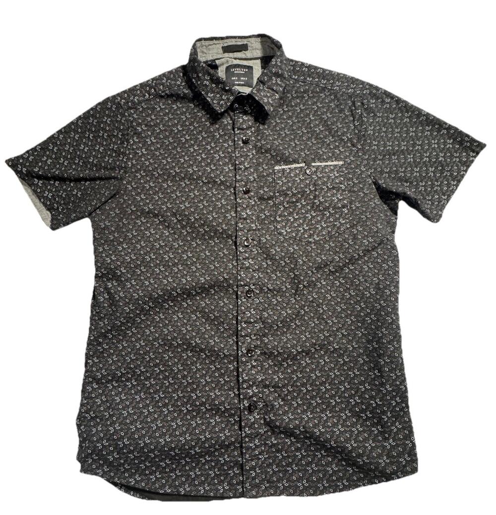 Level Ten Mens Modern Button Front Short Sleeve Shirt Gray Geometric Size S
